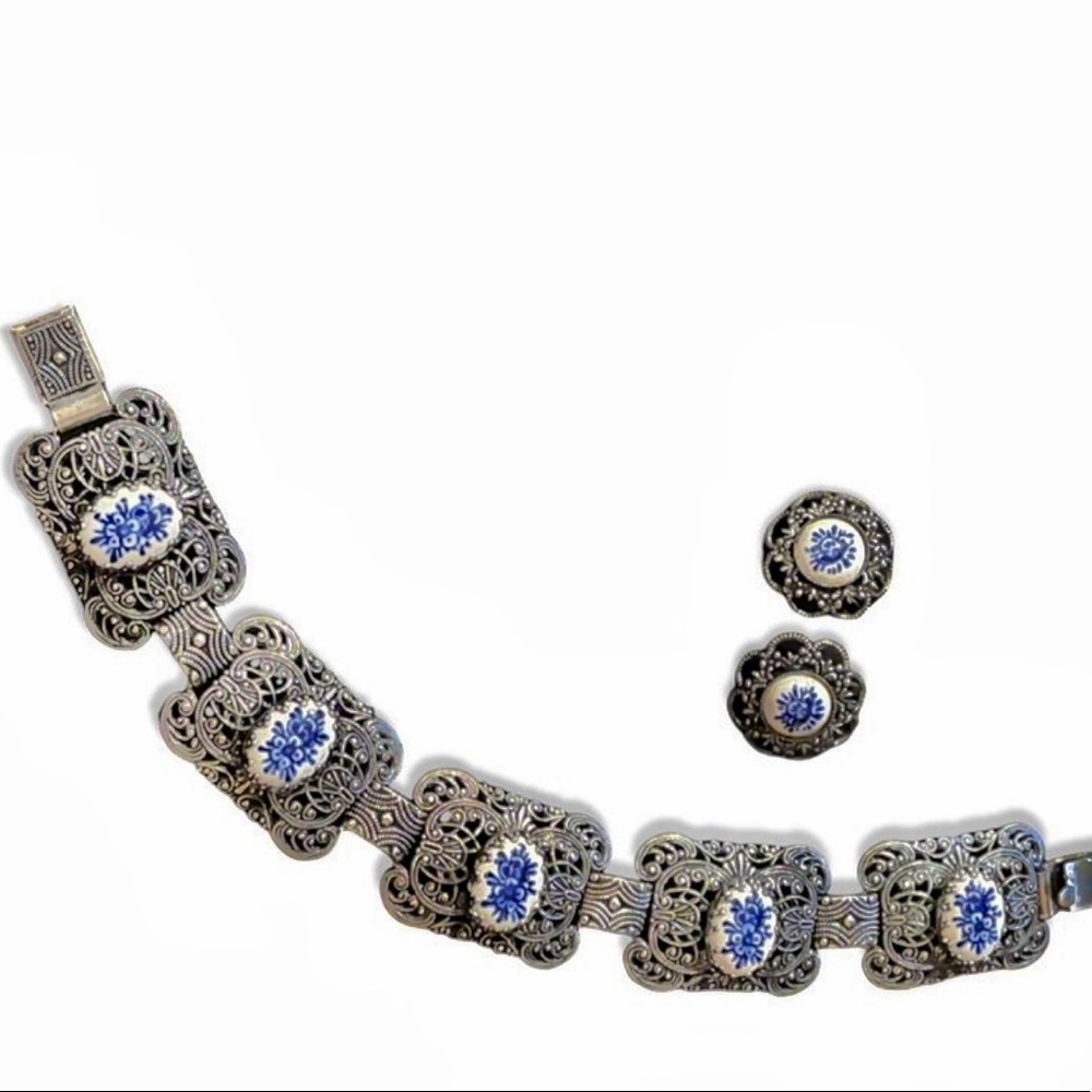 Vintage Dutch Ceramic silver filagree etched bracelet & earrings - Picture 3 of 10